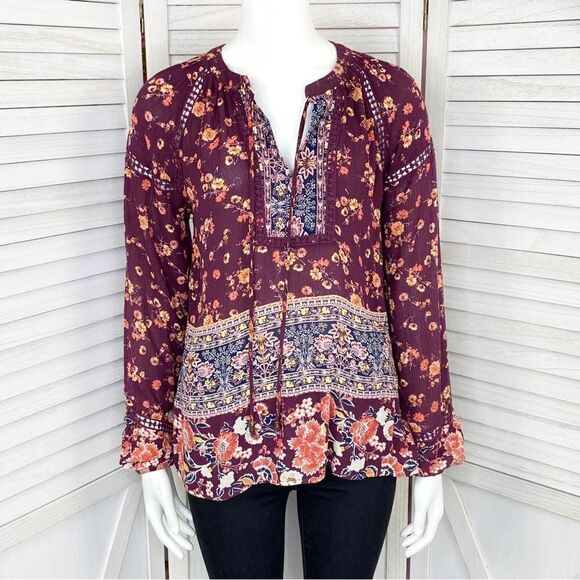 Knox Rose Floral Boho Peasant Blouse Maroon XS - Picture 1 of 12